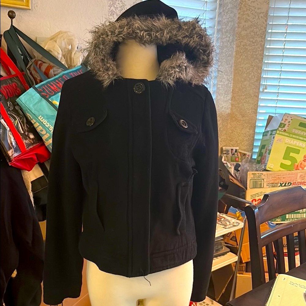 Black Faux Fur Hooded Women's Jacket